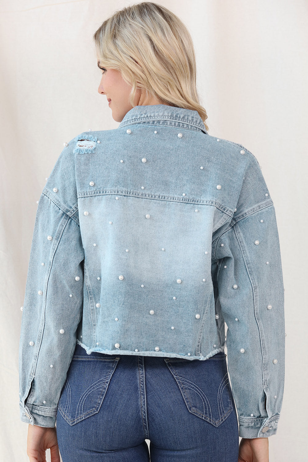 Distressed Pearl Trim Button Up Denim Jacket-Angel Casuals