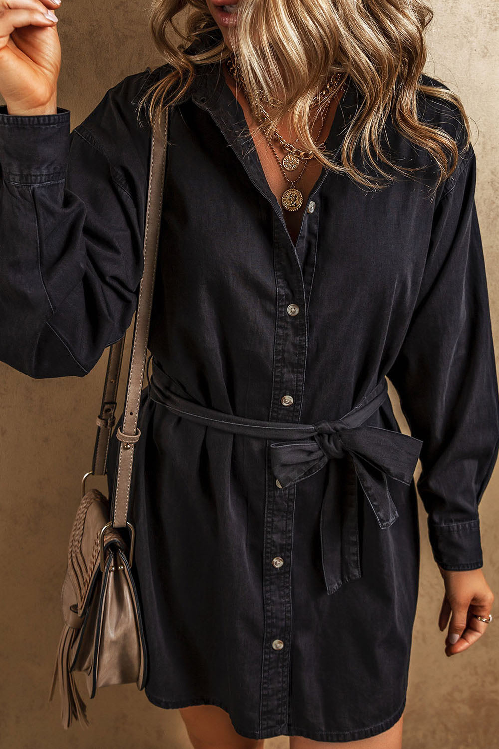 Button Up Collared Neck Denim Dress-Angel Casuals