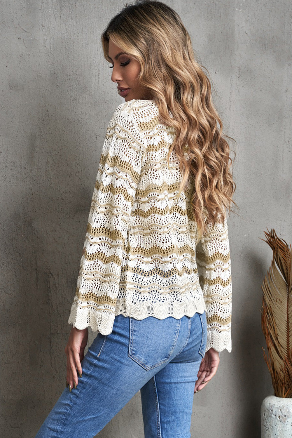 Wavy Stripe Scalloped Hem Openwork Knit Top-Angel Casuals