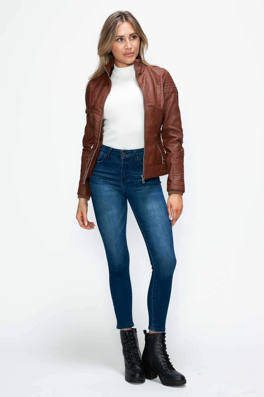 YMI Faux Layered Double-Zipper Jacket with Fuzzy Hood-Angel Casuals