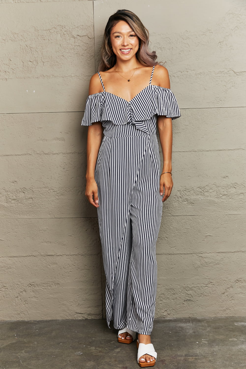 Striped Spaghetti Strap Cold-Shoulder Jumpsuit-Angel Casuals