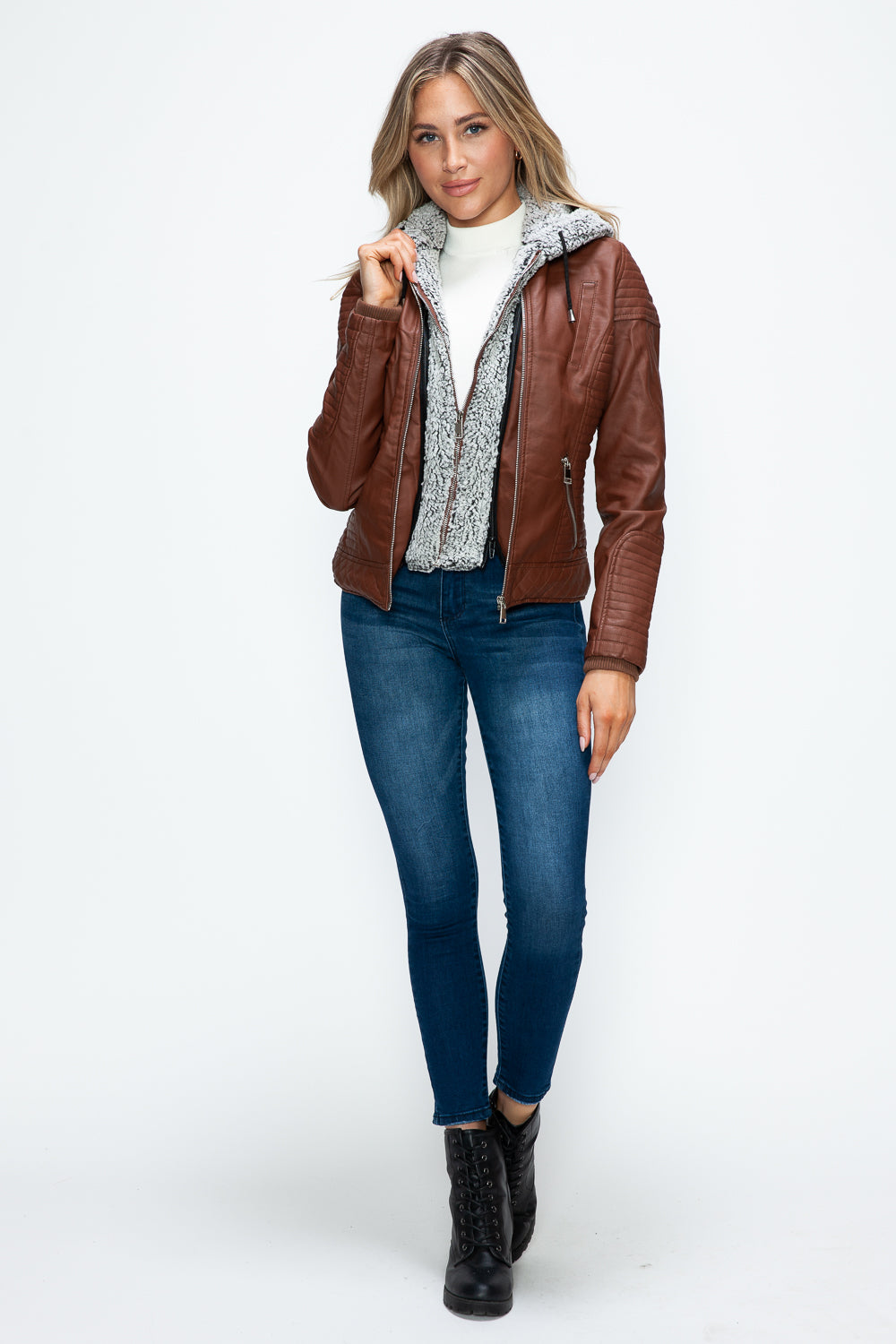 YMI Faux Layered Double-Zipper Jacket with Fuzzy Hood-Angel Casuals