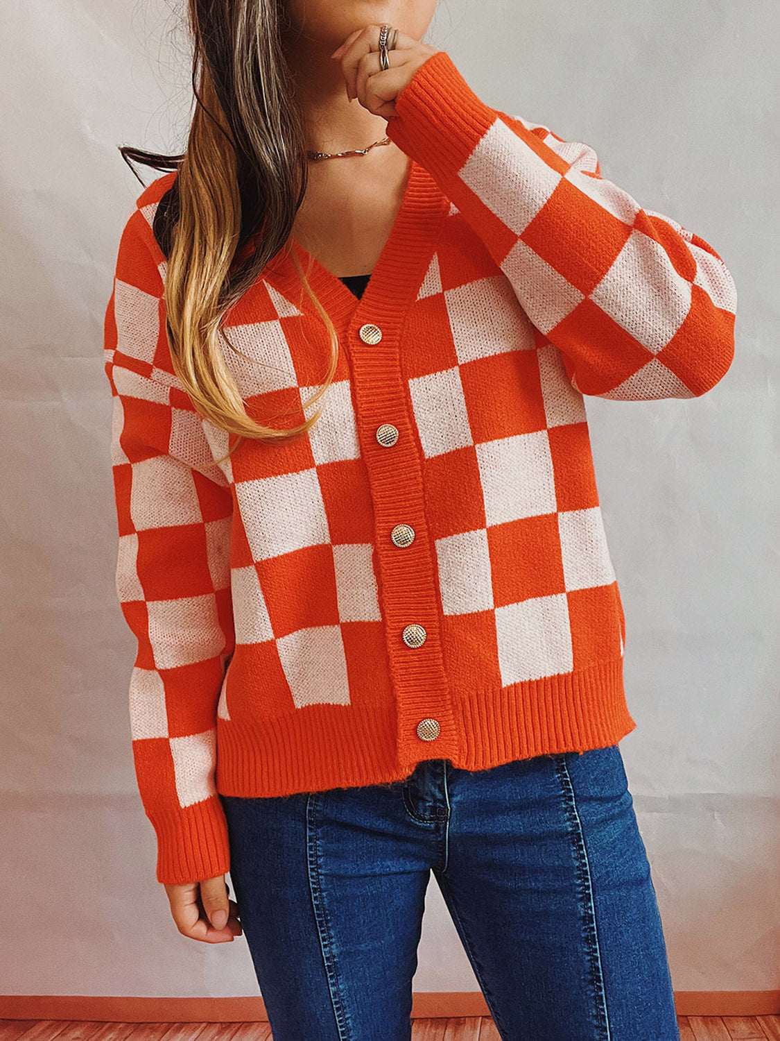 Checkered Open Front Button Up Cardigan-Angel Casuals