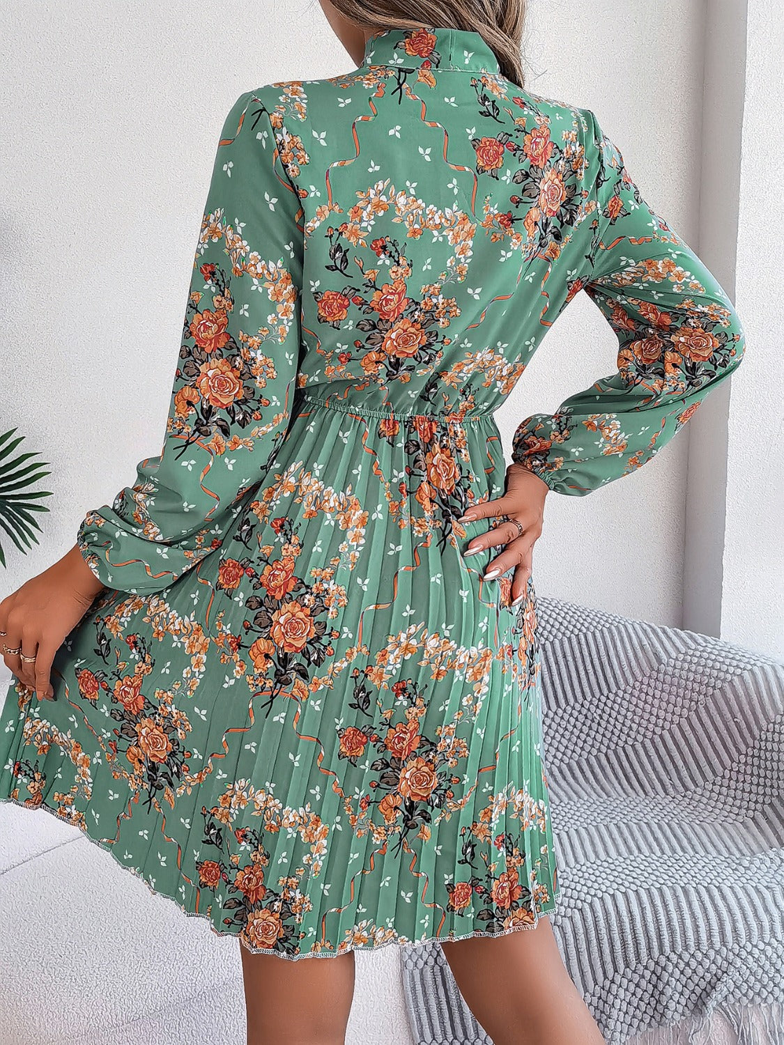 Pleated Printed Tie Neck Long Sleeve Dress-Angel Casuals