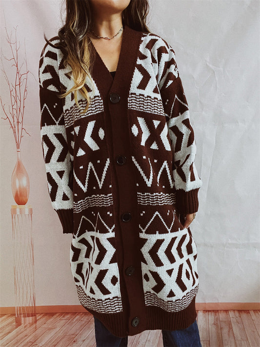Geometric Button Front Longline Cardigan-Angel Casuals