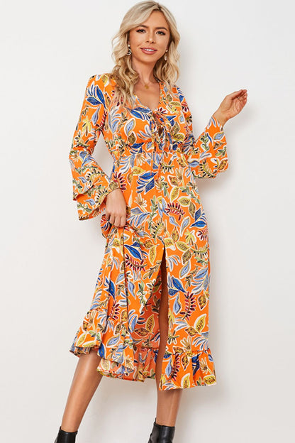 Printed Layered Flare Sleeve Split Tied Dress-Angel Casuals