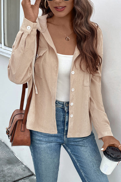 Perfee Ribbed Button Up Drawstring Hooded Jacket-Angel Casuals