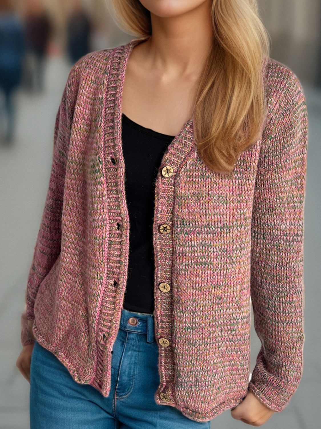 Heathered V-Neck Long Sleeve Cardigan-Angel Casuals