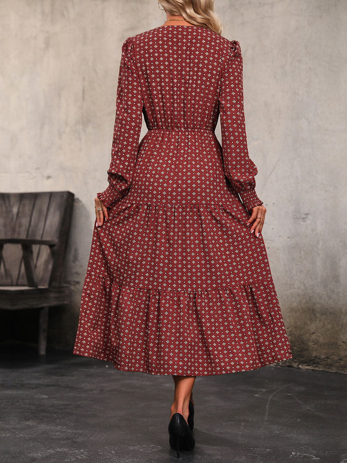 Printed Tiered V-Neck Buttoned Midi Dress-Angel Casuals