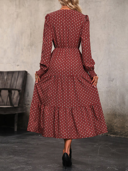Printed Tiered V-Neck Buttoned Midi Dress-Angel Casuals
