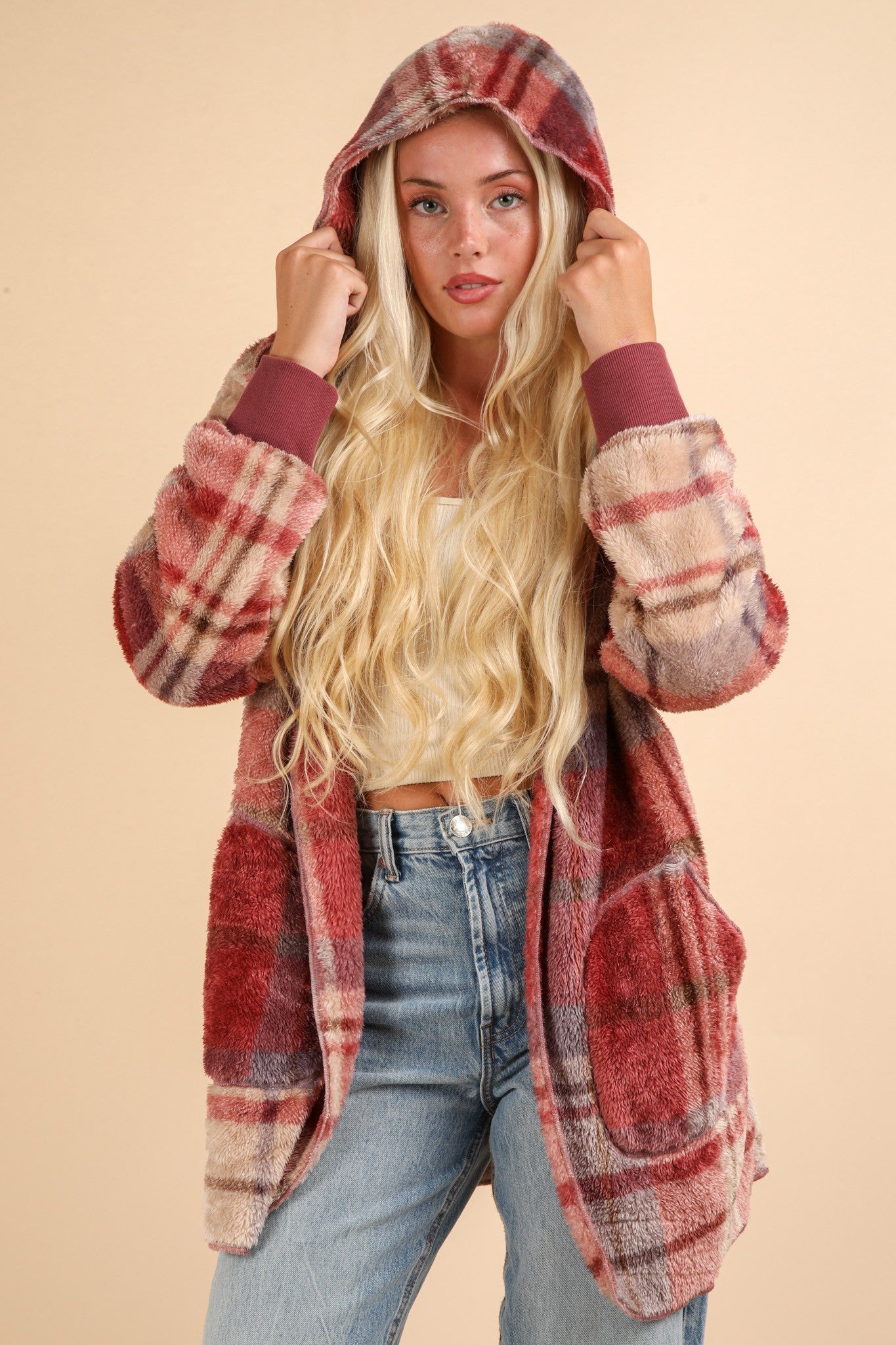 VERY J Fuzzy Plaid Long Sleeve Hooded Jacket-Angel Casuals