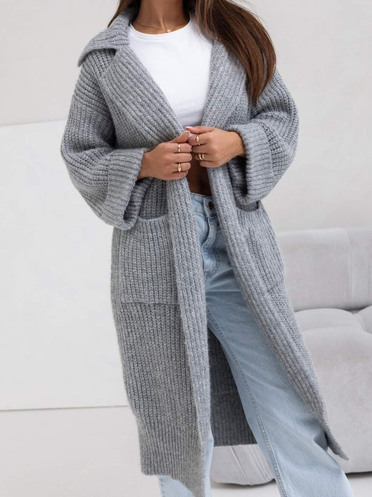 Pocketed Collared Neck Dropped Shoulder Cardigan-Angel Casuals