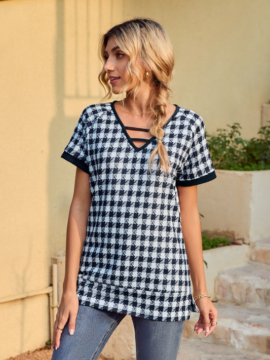Houndstooth V-Neck Short Sleeve T-Shirt-Angel Casuals
