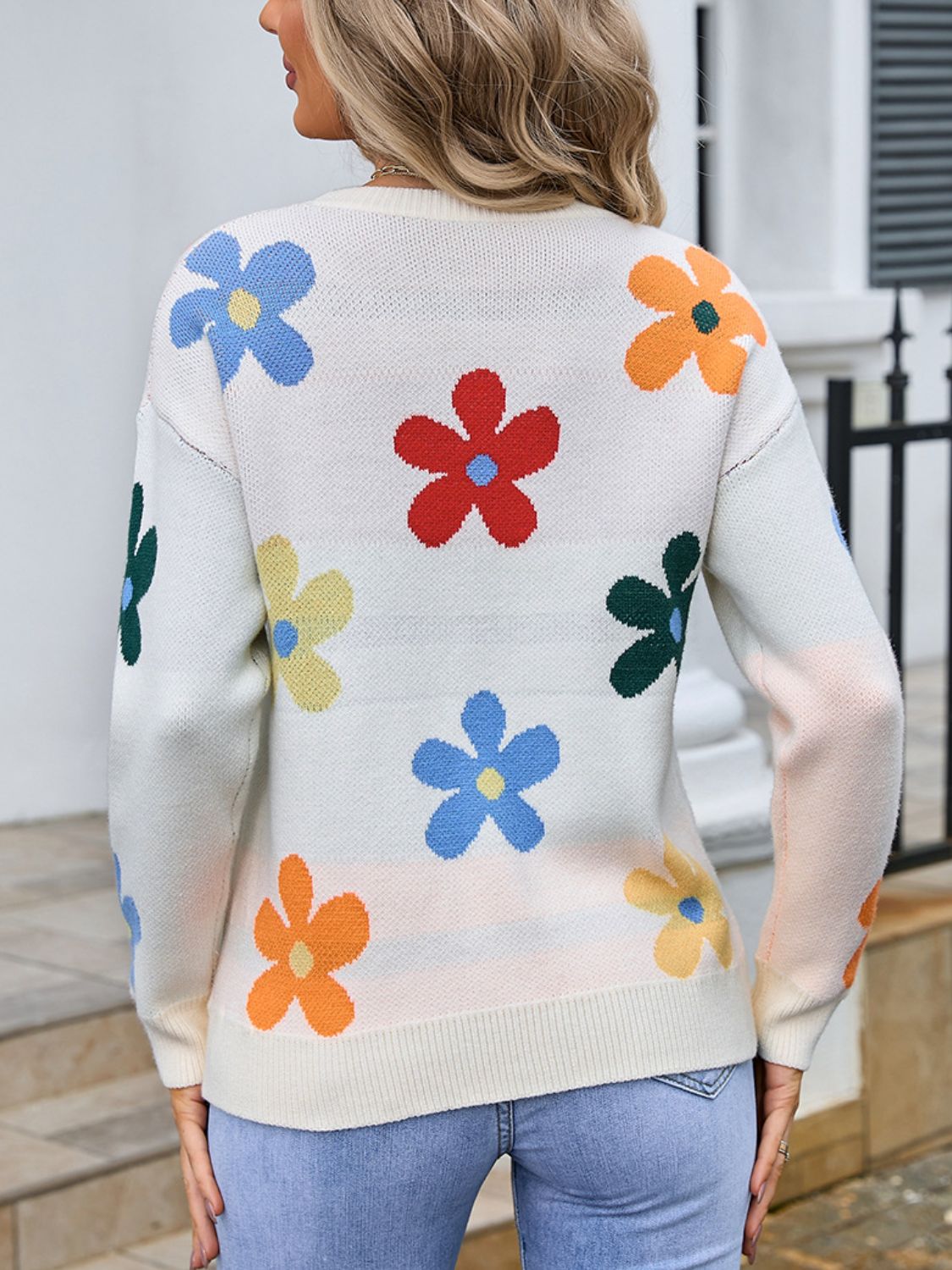 Angel Wings Flower Round Neck Long Sleeve Sweater-Angel Casuals