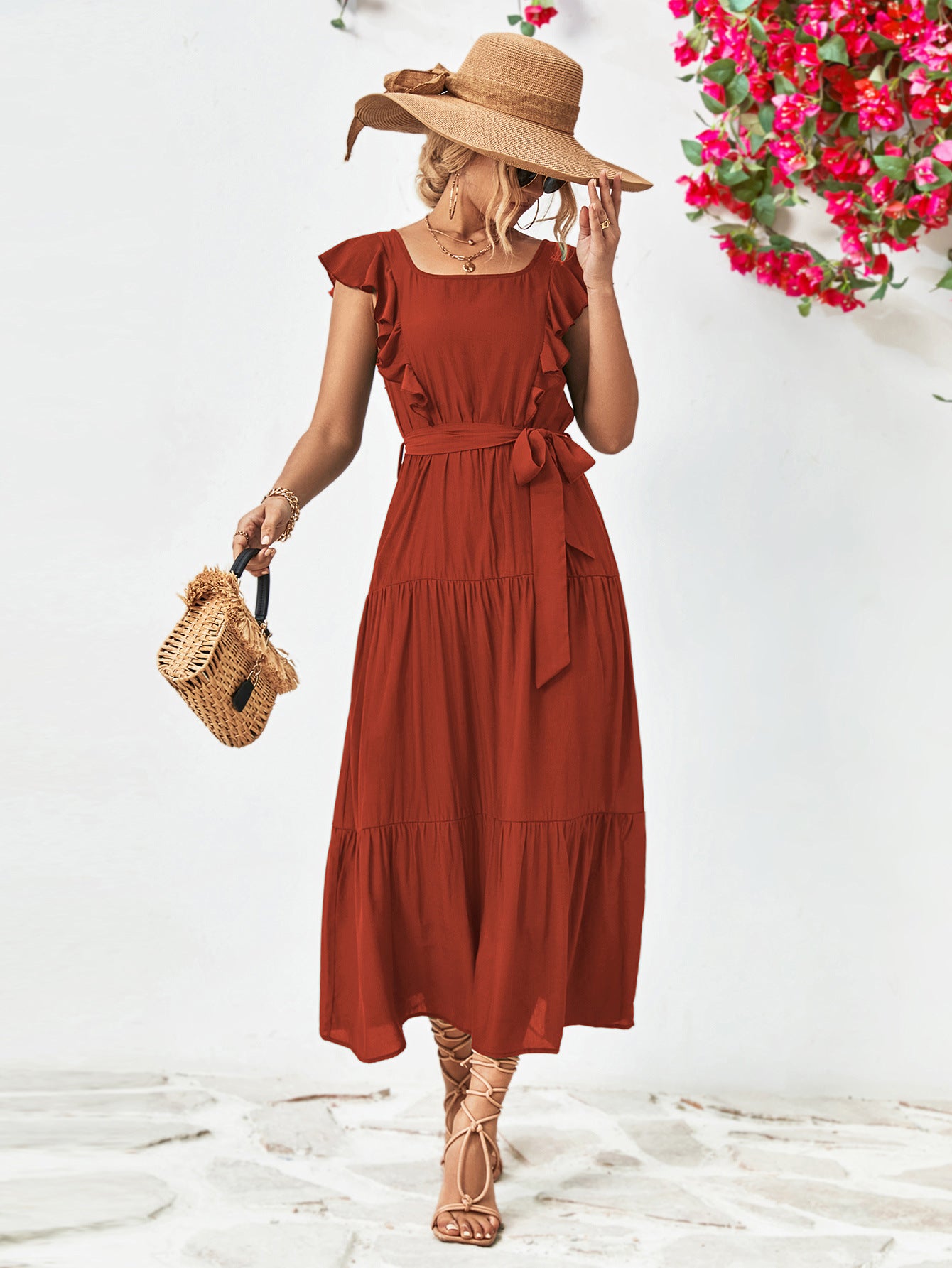 Tie Belt Ruffled Tiered Dress-Angel Casuals