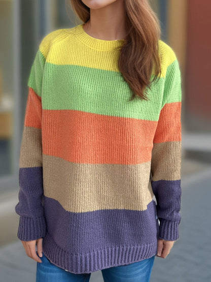 Color Block Round Neck Long Sleeve Sweater-Angel Casuals