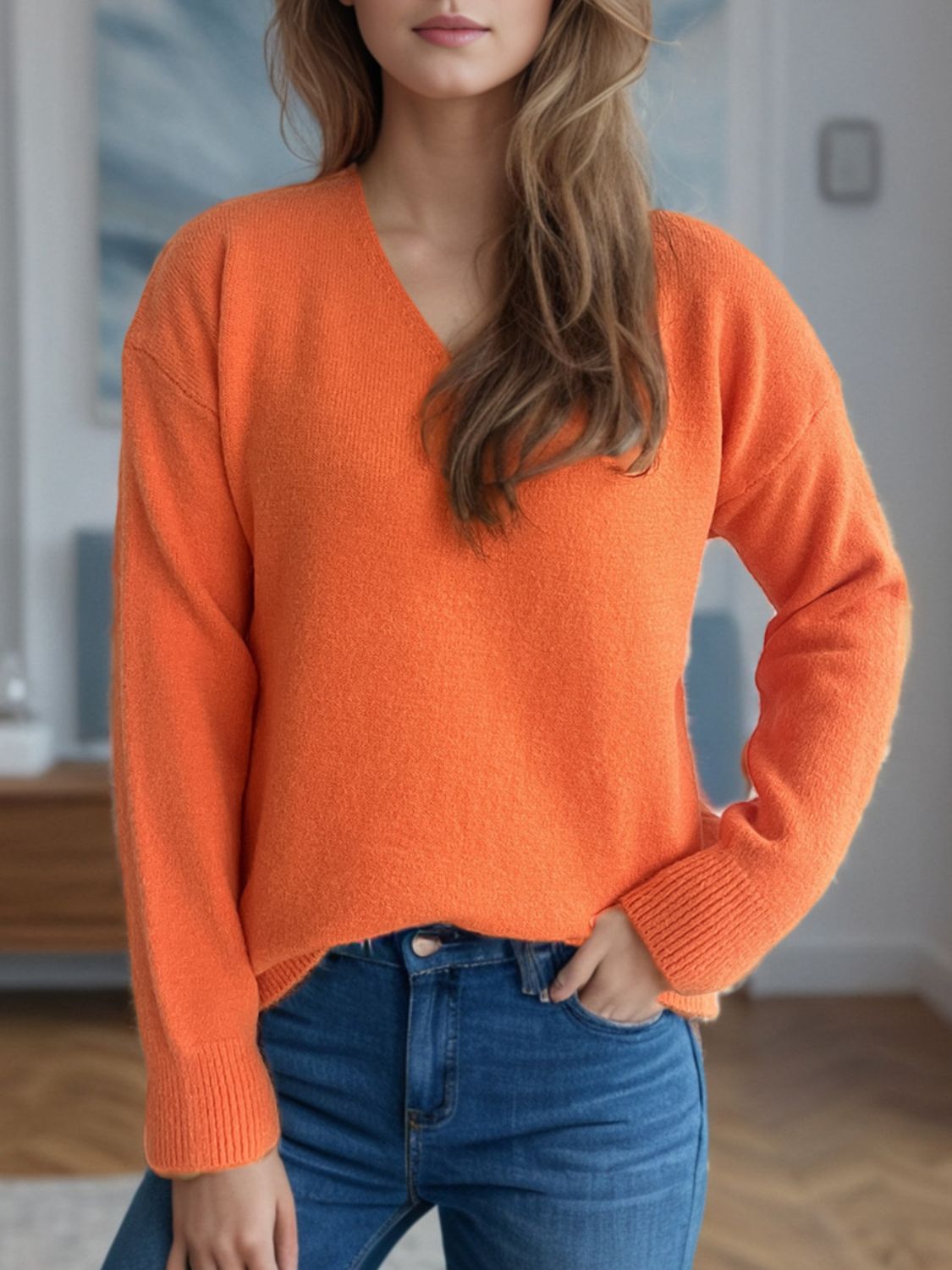 V-Neck Dropped Shoulder Long Sleeve Sweater-Angel Casuals