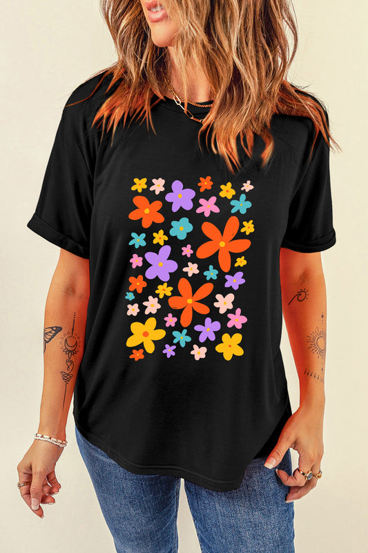 Flower Graphic Round Neck Short Sleeve T-Shirt-Angel Casuals