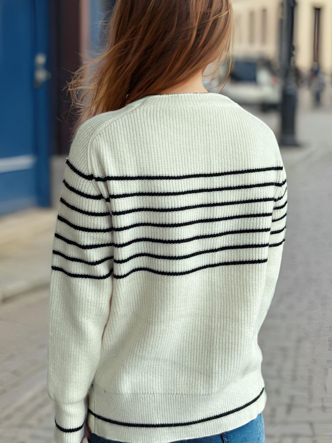 Striped Round Neck Long Sleeve Sweater-Angel Casuals