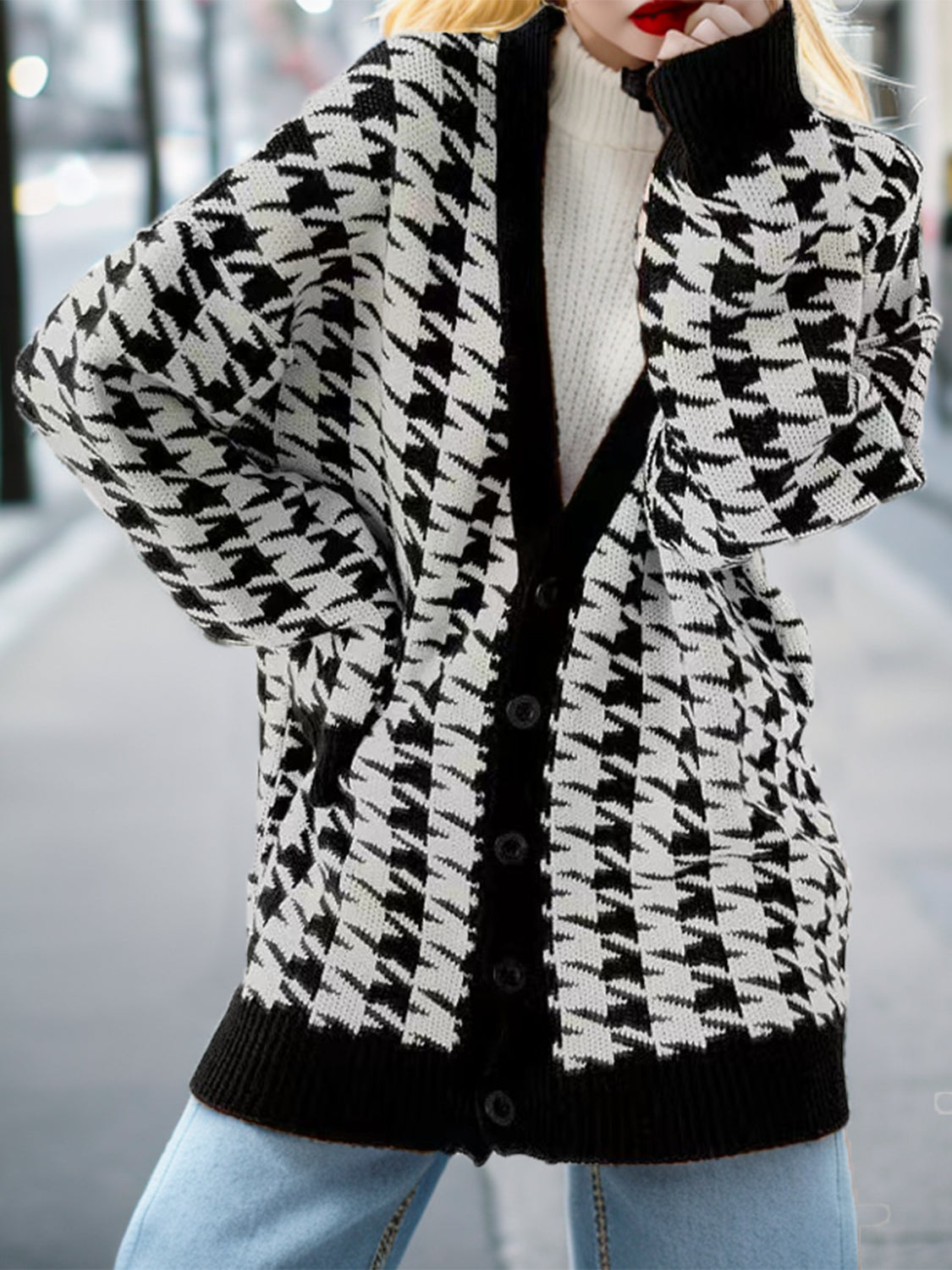 Houndstooth Button Up Long Sleeve Cardigan-Angel Casuals