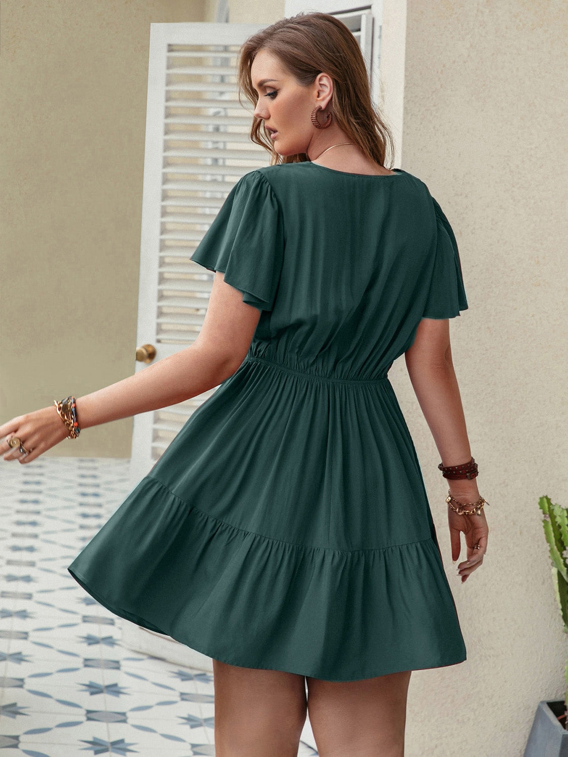 Plus Size Ruffle Hem V-Neck Short Sleeve Dress-Angel Casuals