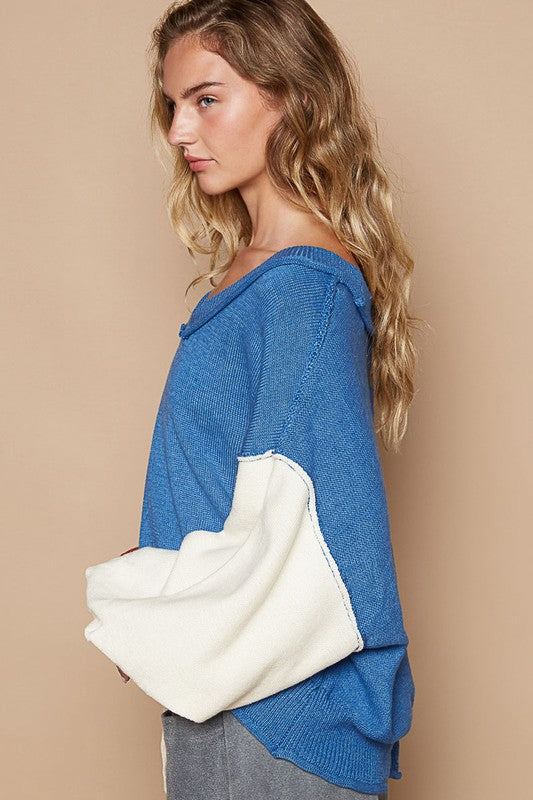 POL Exposed Seam Contrast V-Neck Lantern Sleeve Sweater-Angel Casuals