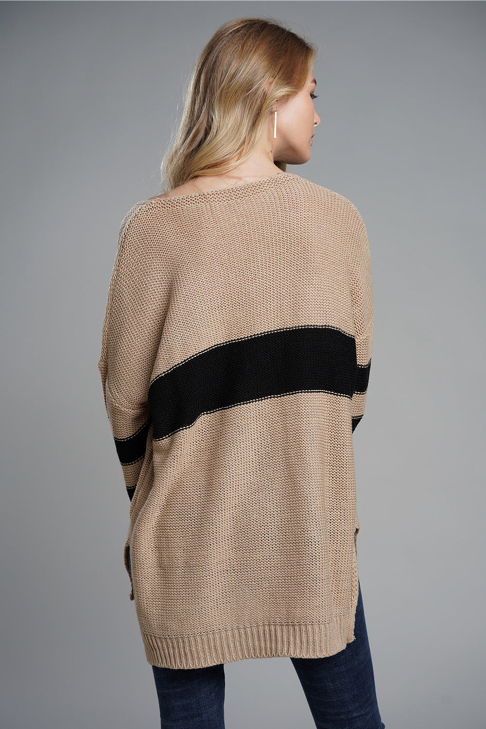 Slit Contrast V-Neck Long Sleeve Sweater-Angel Casuals