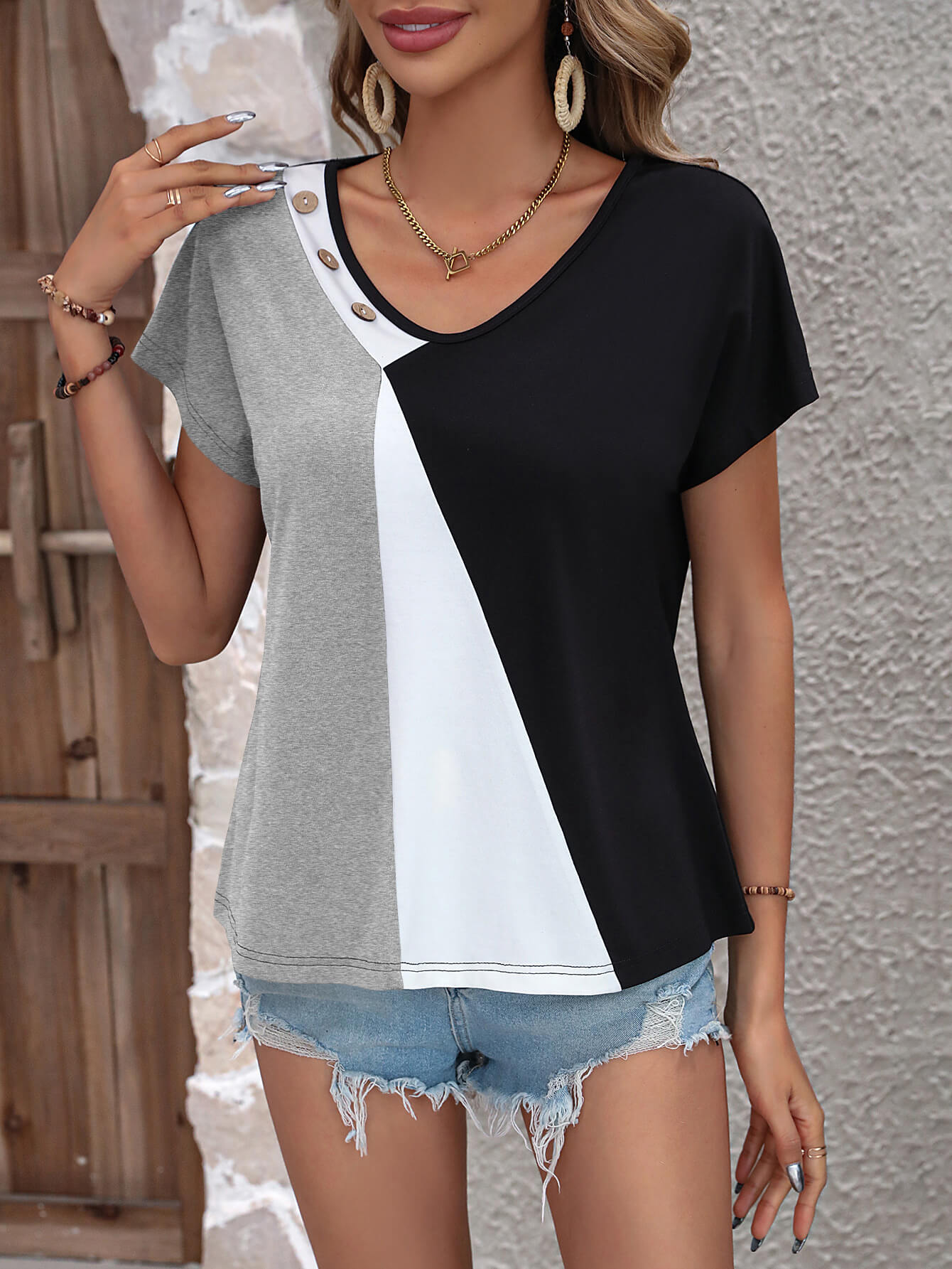 Color Block Decorative Button V-Neck Tee-Angel Casuals