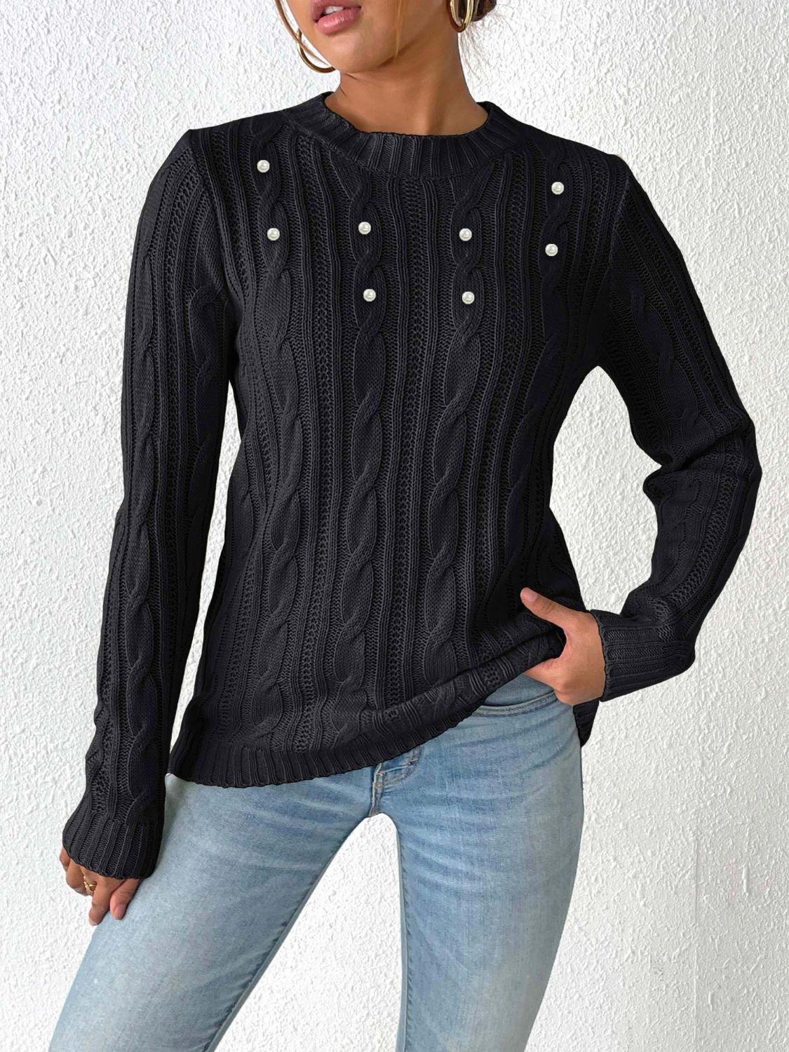 Cable-Knit Round Neck Long Sleeve Sweater-Angel Casuals