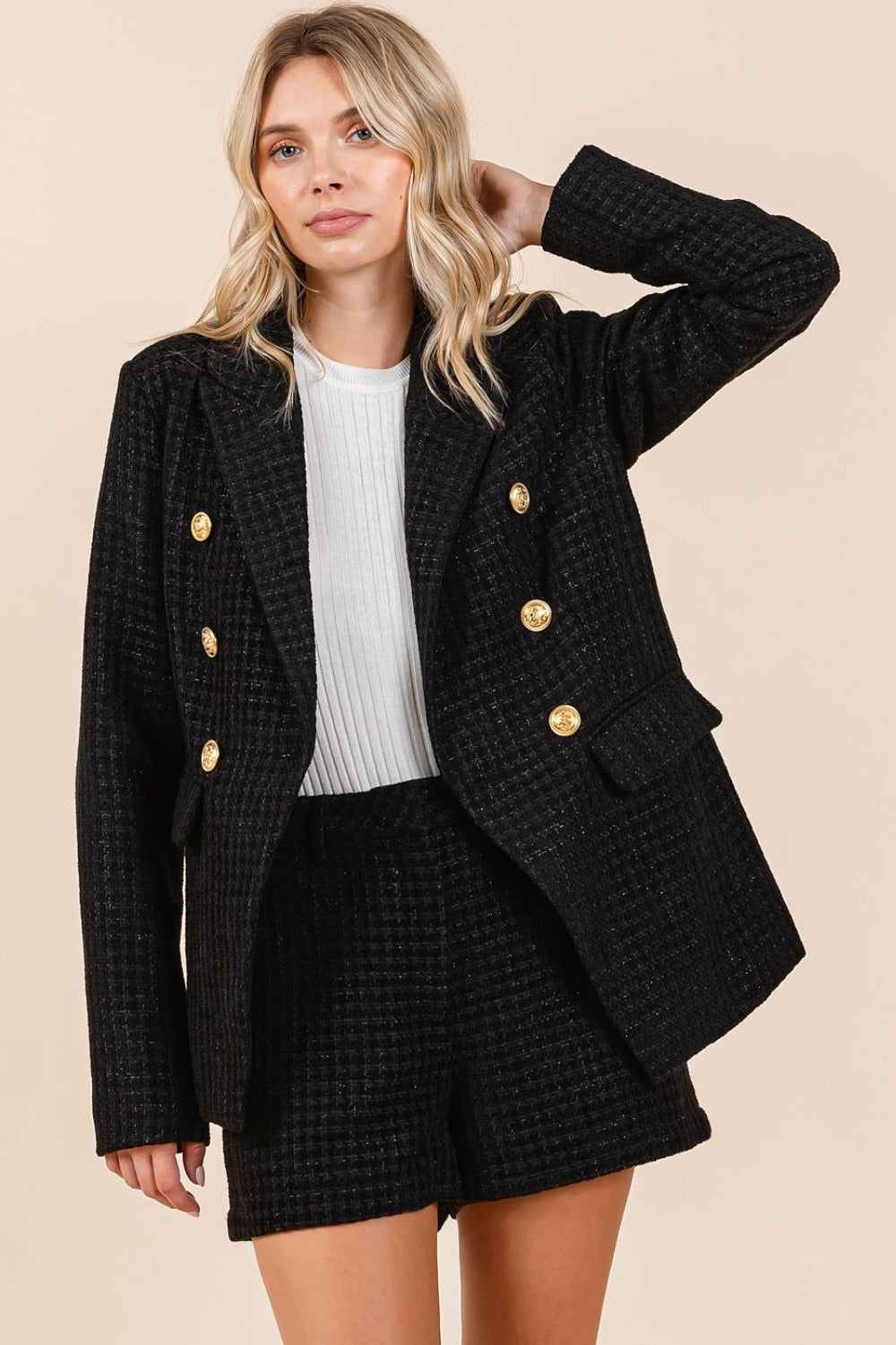 Mittoshop Plaid Texture Double-Breasted Long Sleeve Blazer-Angel Casuals