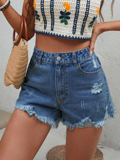 Distressed Raw Hem Denim Shorts-Angel Casuals