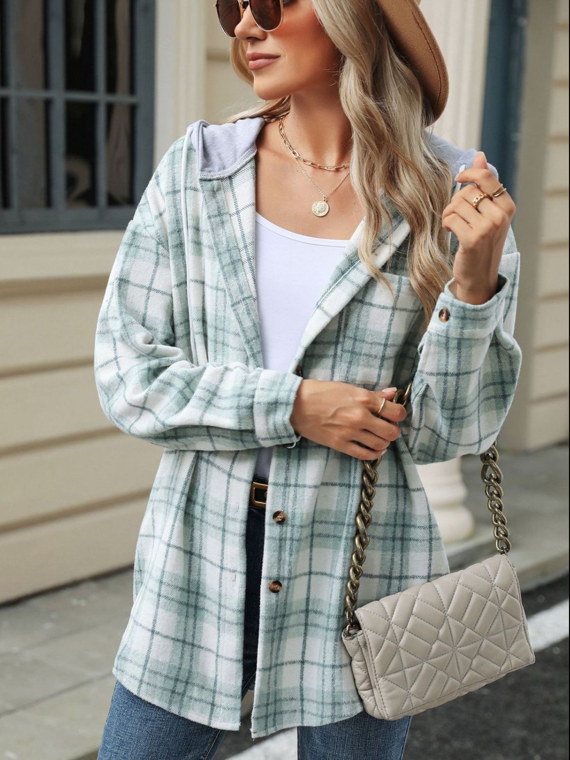 Drawstring Plaid Button Up Hooded Jacket-Angel Casuals