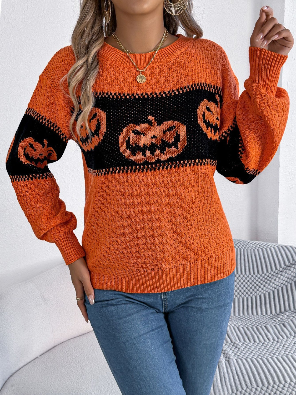 Pumpkin Round Neck Long Sleeve Sweater-Angel Casuals