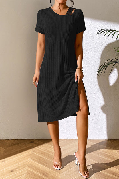 Ribbed Asymmetrical Neck Short Sleeve Dress-Angel Casuals