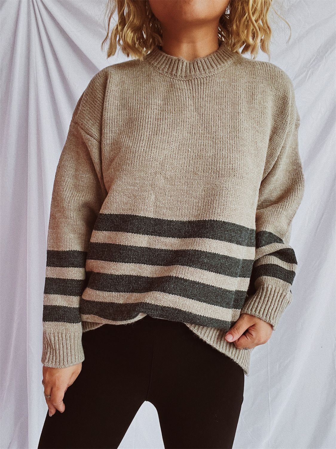 Striped Dropped Shoulder Long Sleeve Sweater-Angel Casuals