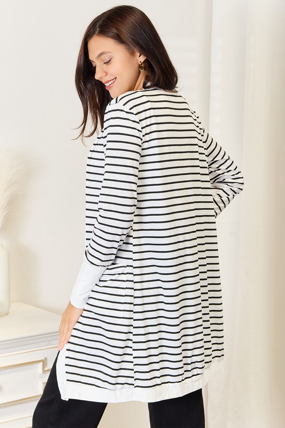 Double Take Striped Open Front Longline Cardigan-Angel Casuals