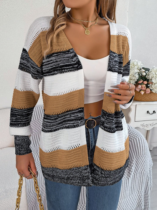Openwork Striped Open Front Cardigan-Angel Casuals