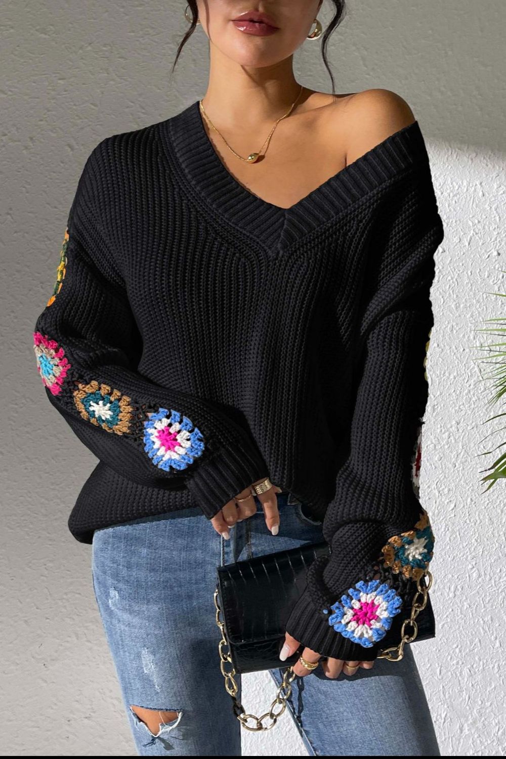 Crochet Flower V-Neck Sweater-Angel Casuals