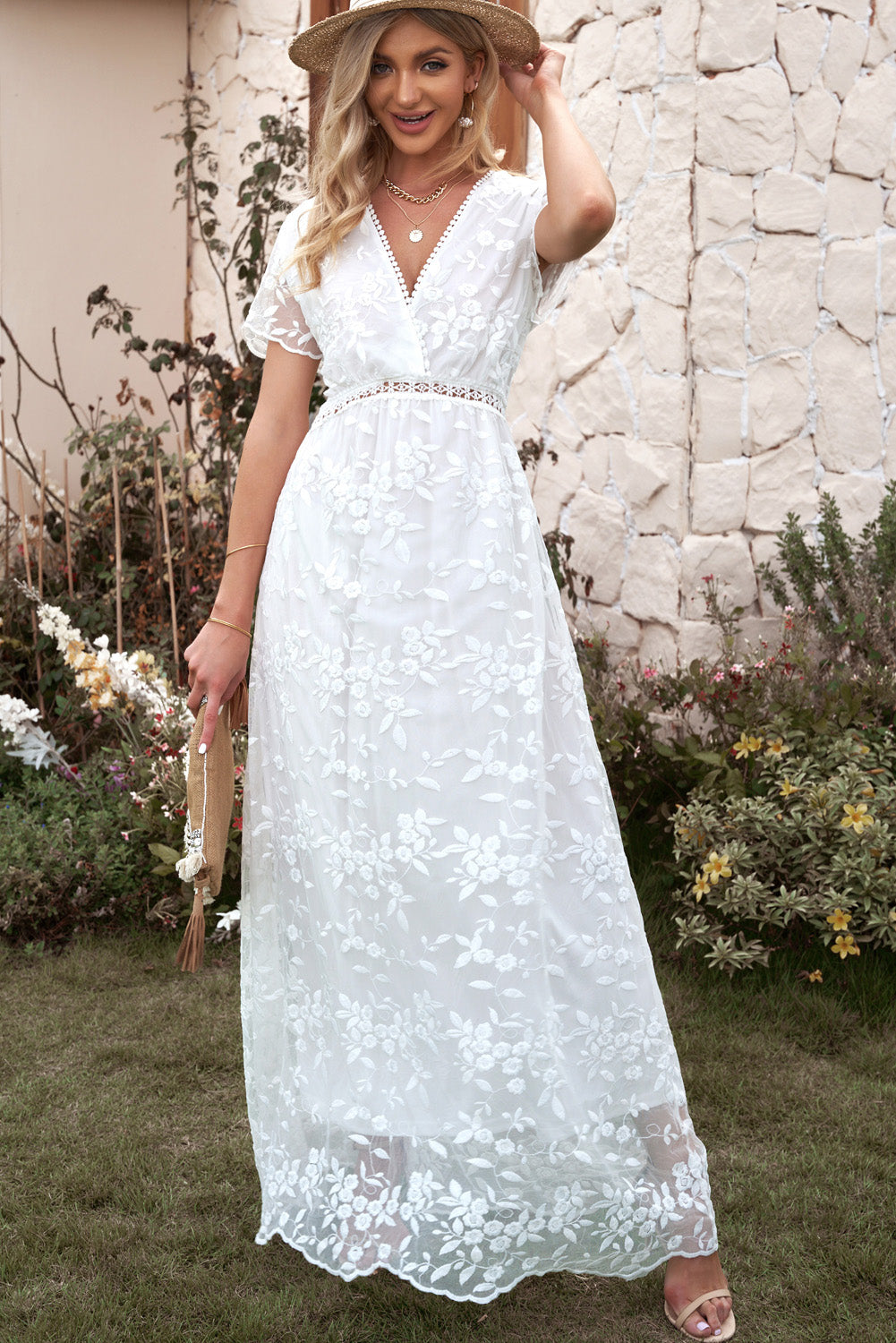 Embroidered Short Sleeve Surplice Neck Maxi Dress-Angel Casuals