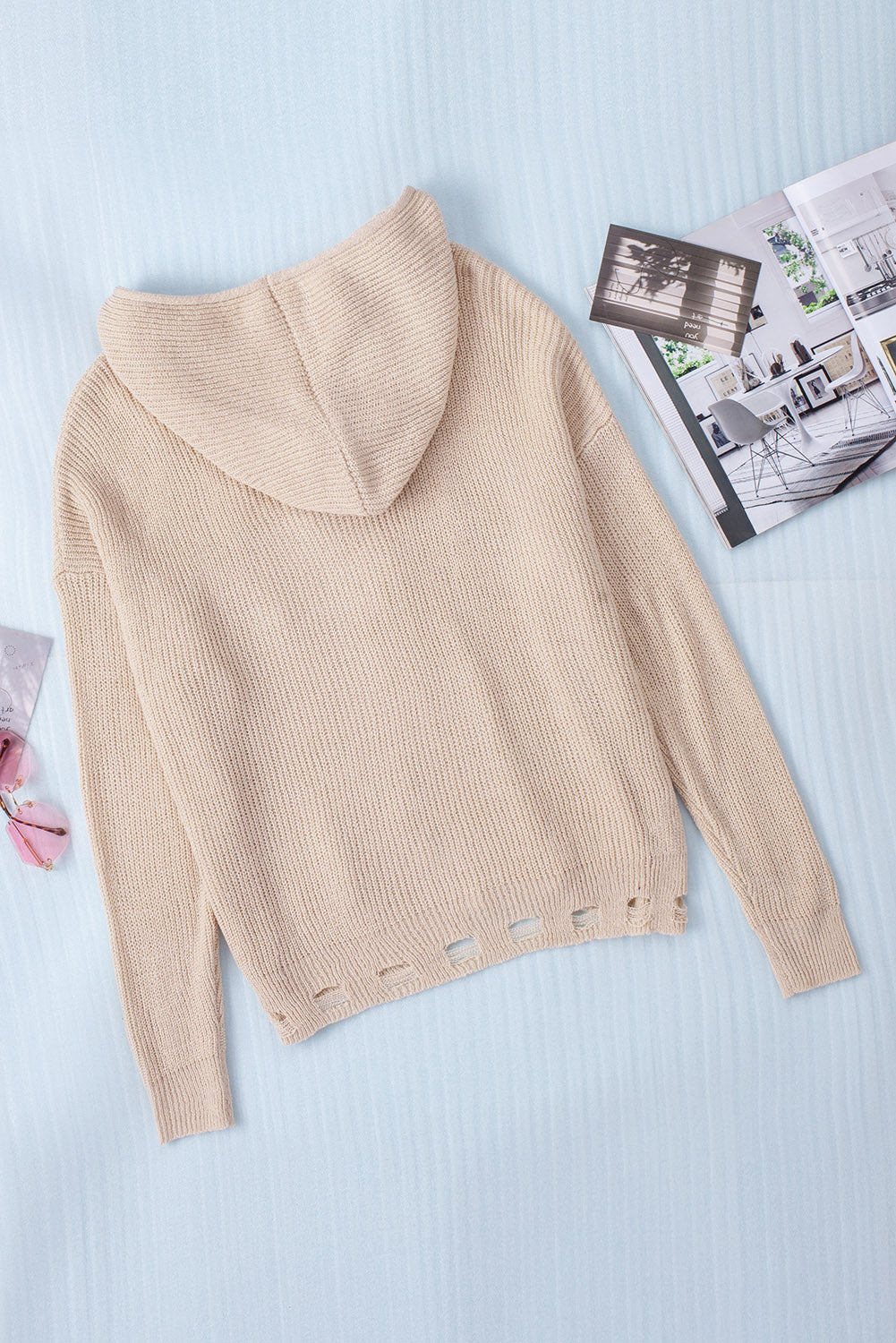 Distressed Zip Up Drawstring Hooded Cardigan-Angel Casuals