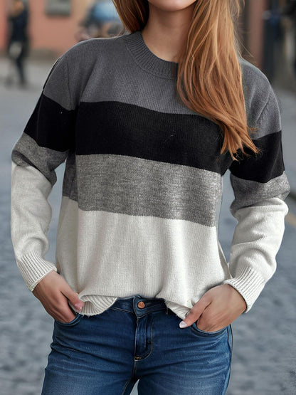 Color Block Round Neck Long Sleeve Sweater-Angel Casuals