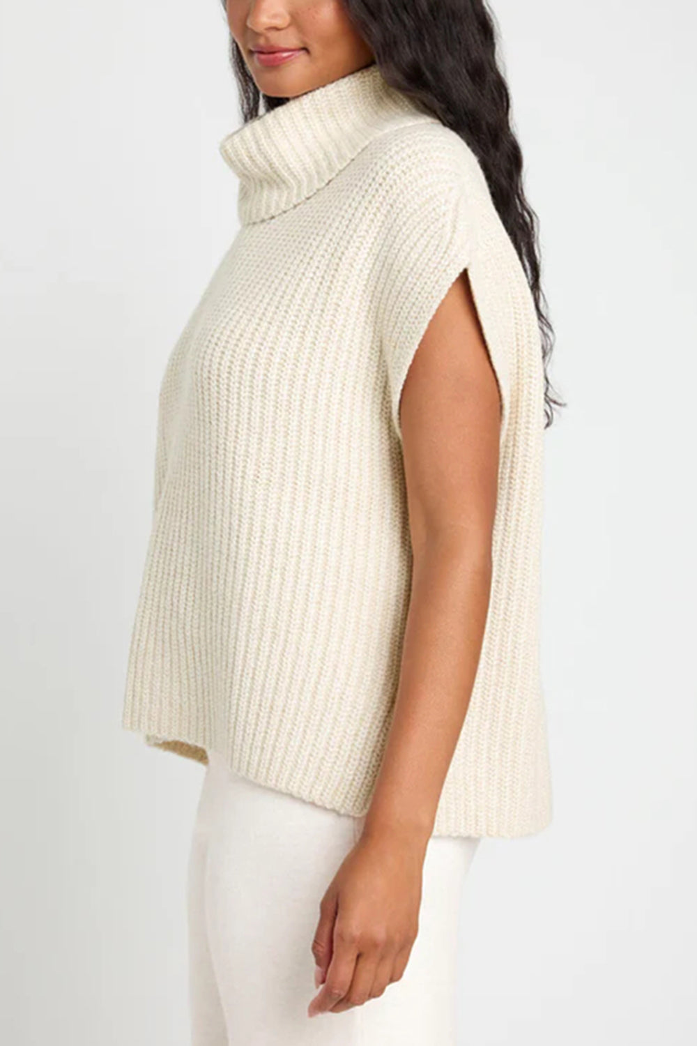 Slit Turtleneck Cap Sleeve Sweater-Angel Casuals