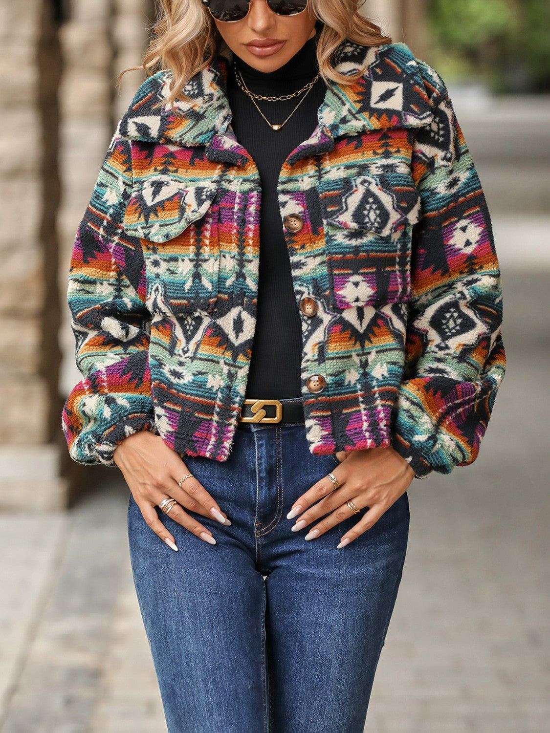Geometric Dropped Shoulder Balloon Sleeve Outerwear-Angel Casuals