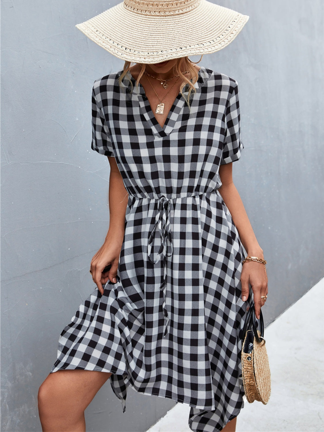 Plaid Notched Short Sleeve Dress-Angel Casuals