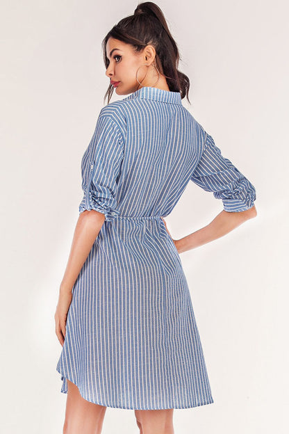 Full Size Striped Quarter-Button Roll-Tab Sleeve Shirt Dress-Angel Casuals