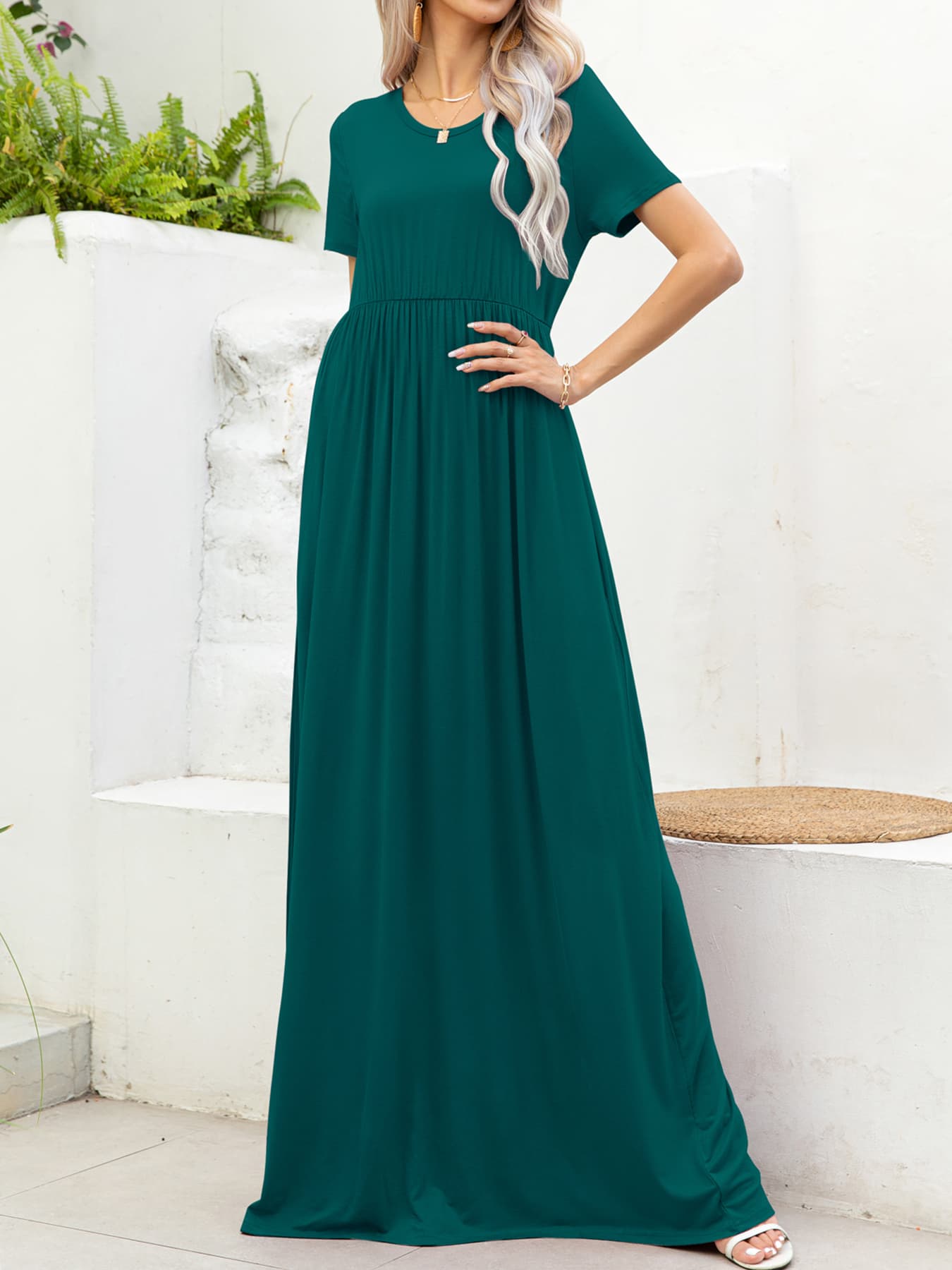 Round Neck Short Sleeve Maxi Dress with Pockets-Angel Casuals