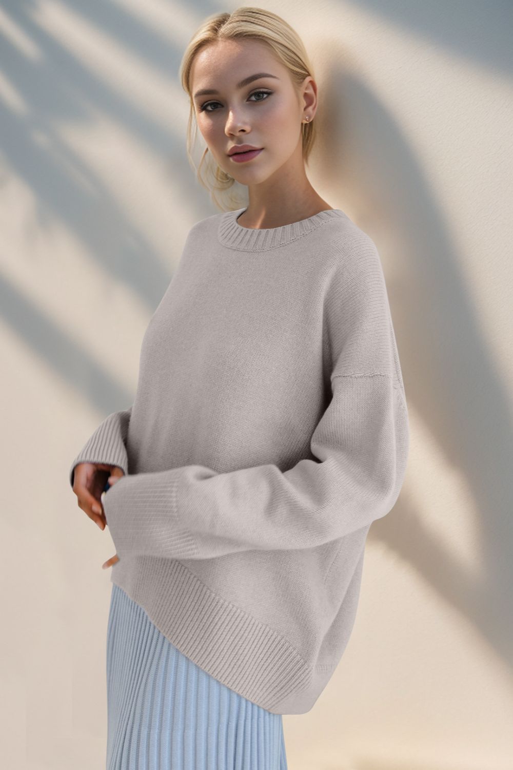 Basic Bae Round Neck Dropped Shoulder Sweater-Angel Casuals