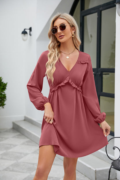 Frill Trim V-Neck Long Sleeve Dress-Angel Casuals