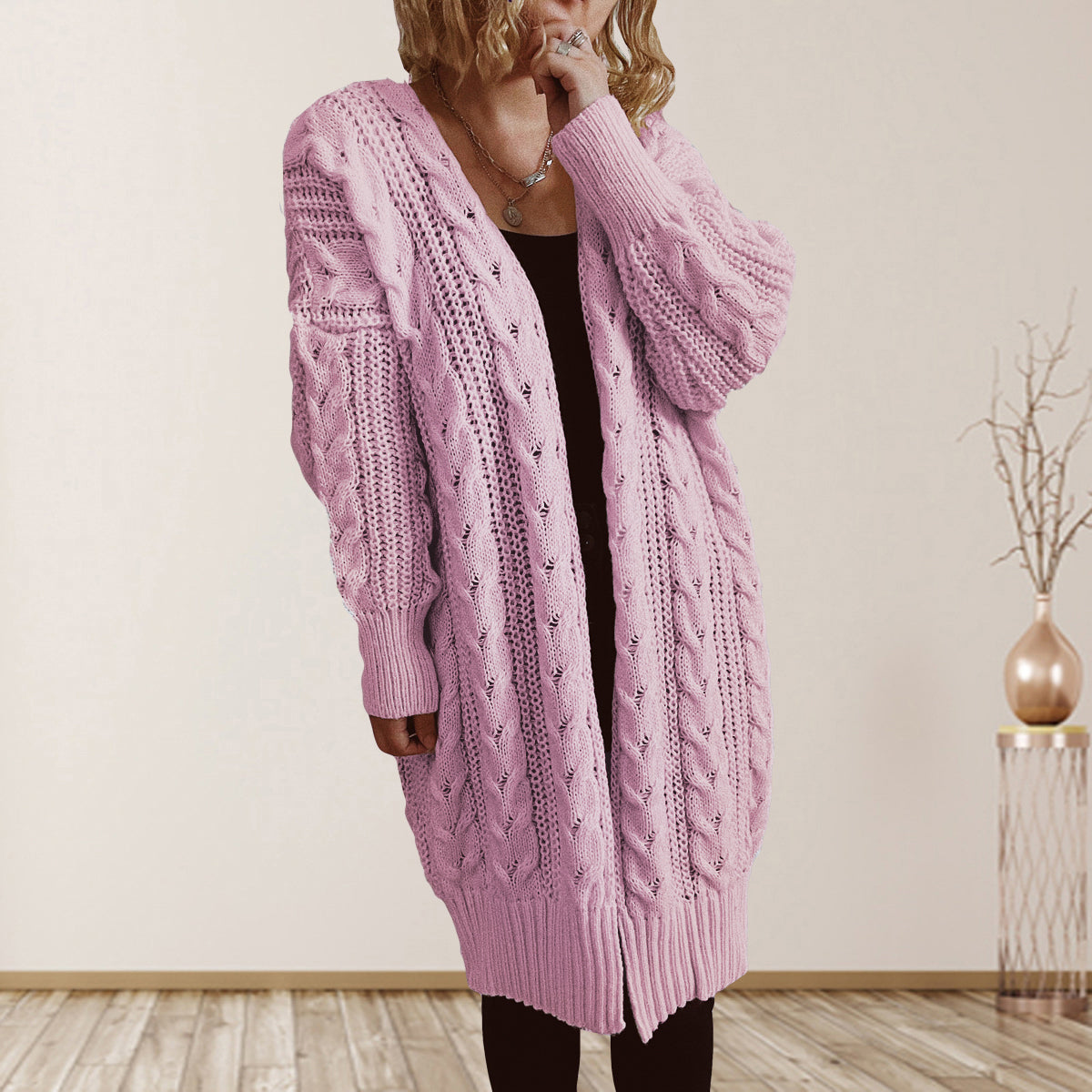 Cable-Knit Open Front Dropped Shoulder Cardigan-Angel Casuals