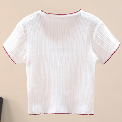 Contrast Decorative Button Short Sleeve Knit Top-Angel Casuals